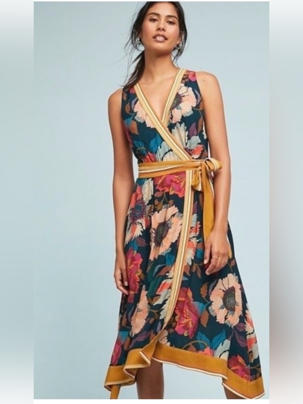 Anthropologie Maeve Floral Wrap Maxi Dress Size 4 Mustard Black Boho